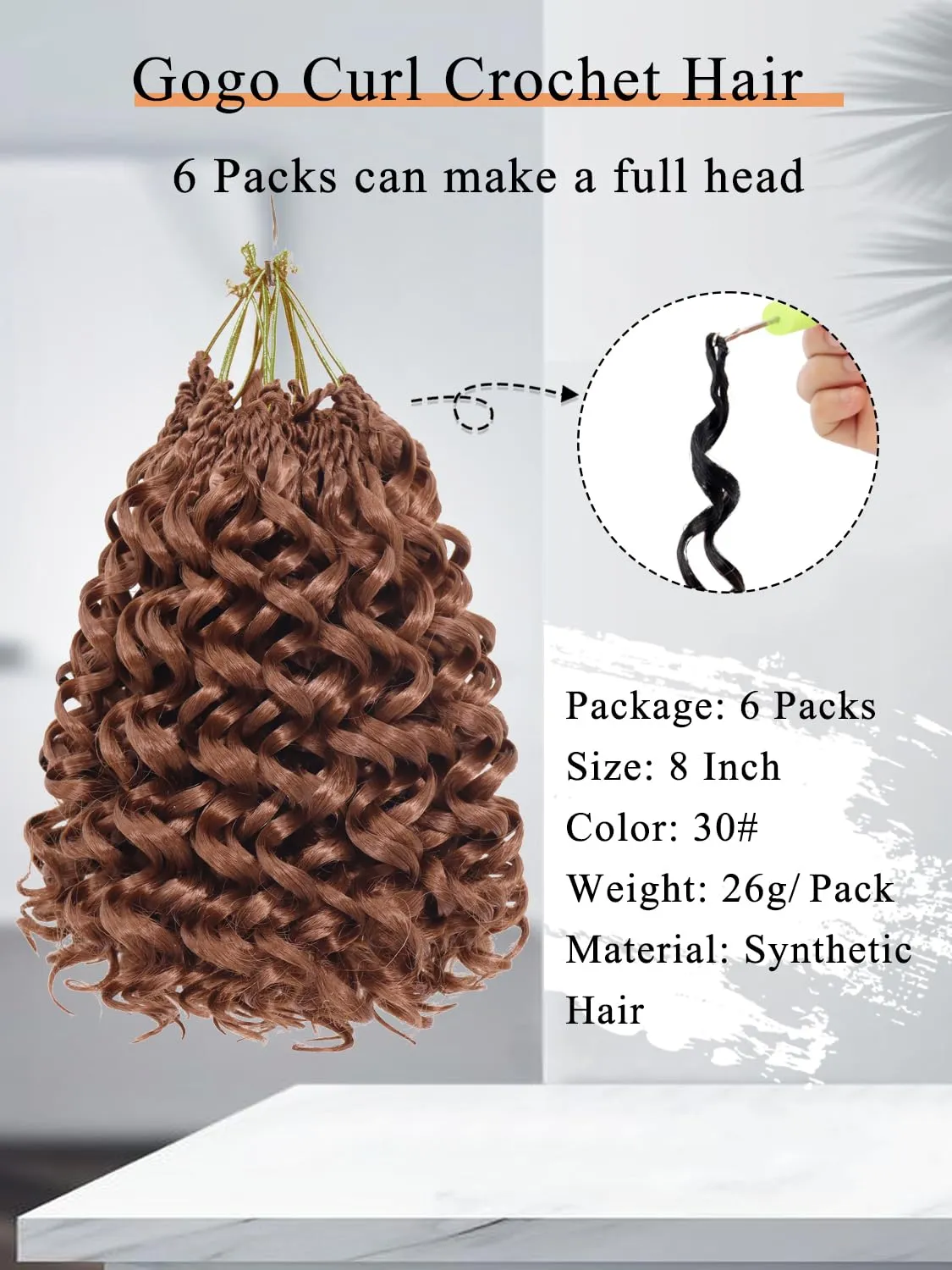 Gowit Gogo Curl Crochet Hair 8 Inch 6 Packs Short Curly Crochet Hair for Black Women Brown Deep Ocean Wave Beach Curl Crochet Braids Synthetic Braiding Hair Extensions (8inch,30#)