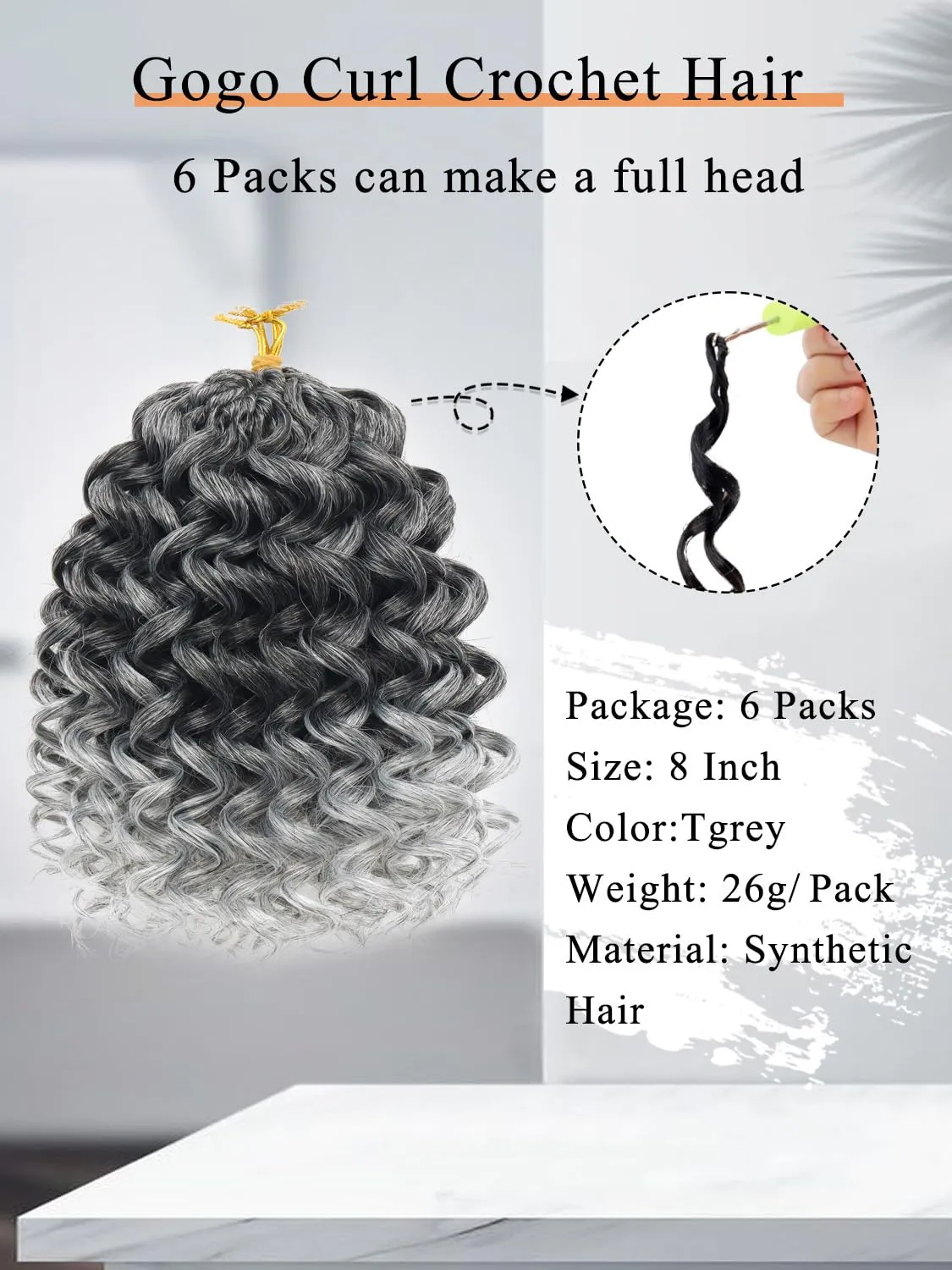 Gowit Gogo Curl Crochet Hair 8 Inch 6 Packs Short Curly Crochet Hair for Black Women Ombre Grey Deep Ocean Wave Crochet Hair Synthetic Crochet Braids (8inch,TGrey)
