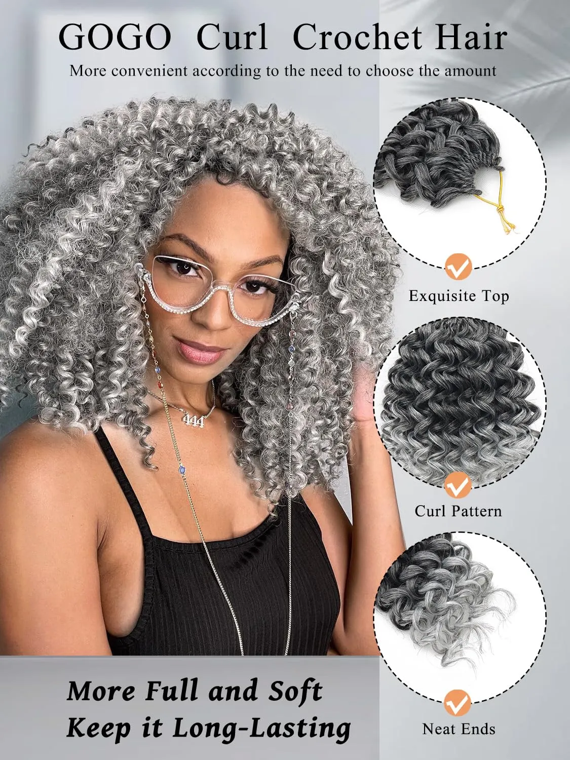 Gowit Gogo Curl Crochet Hair 8 Inch 6 Packs Short Curly Crochet Hair for Black Women Ombre Grey Deep Ocean Wave Crochet Hair Synthetic Crochet Braids (8inch,TGrey)