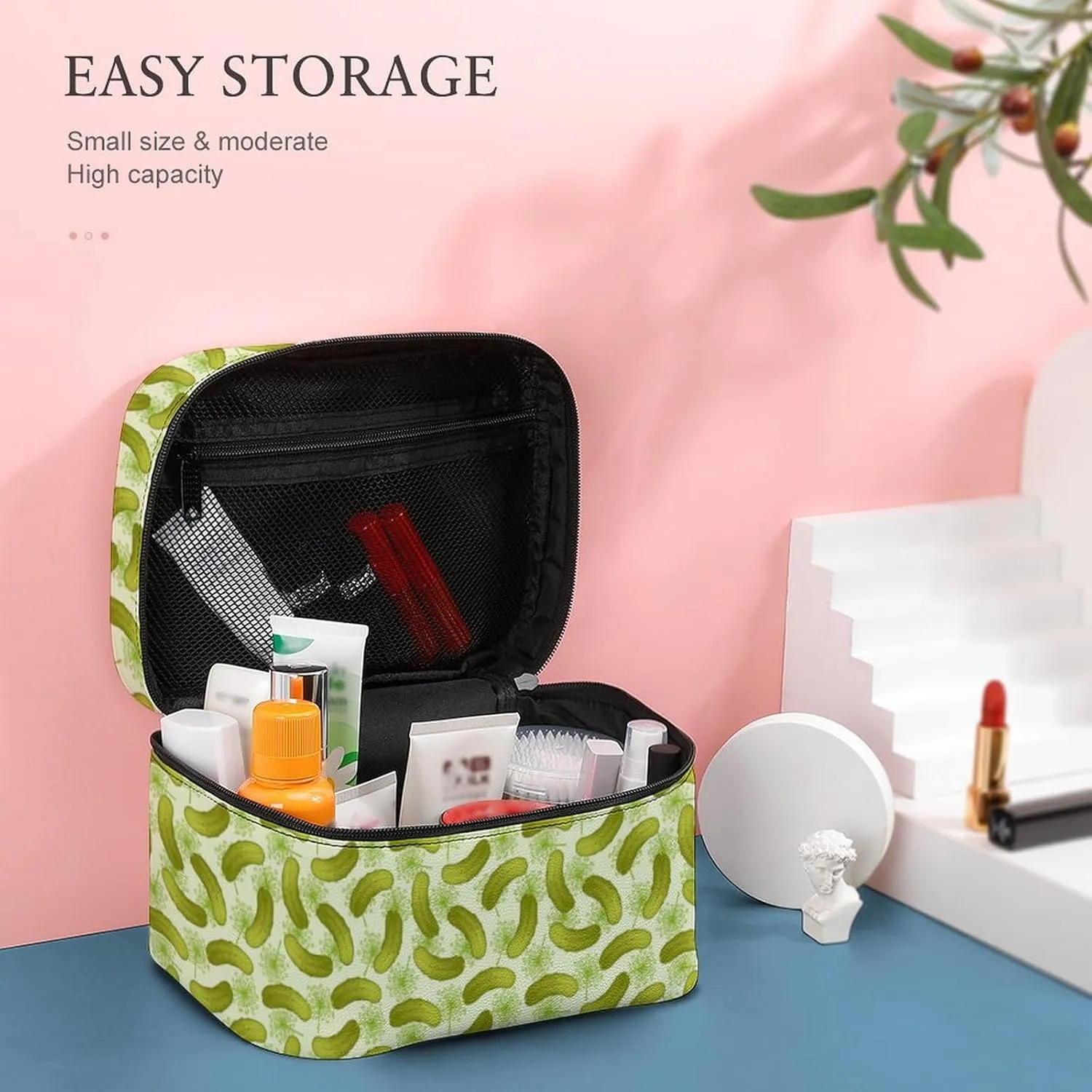 Green Pickled Cucumbers Travel Makeup Bag For Women Cosmetic Bags Organizer With Soft Handle Compartments Mens Big Capacity Skincare Toiletry Bag Camping Wedding Make Up Pouch