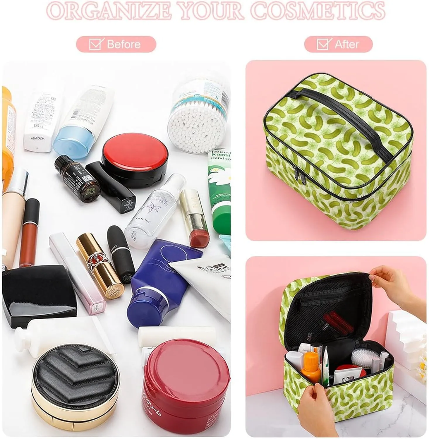 Green Pickled Cucumbers Travel Makeup Bag For Women Cosmetic Bags Organizer With Soft Handle Compartments Mens Big Capacity Skincare Toiletry Bag Camping Wedding Make Up Pouch