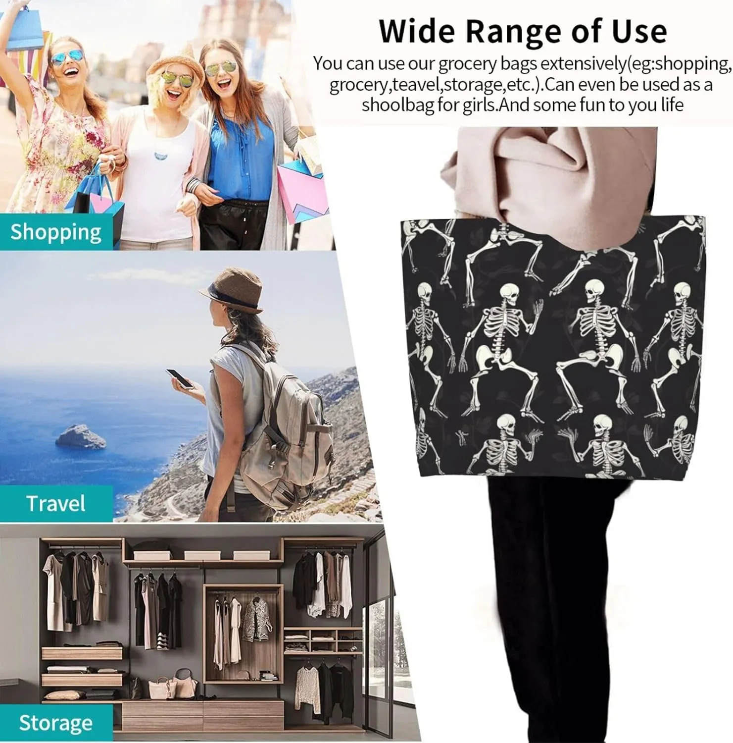 Grocery Bag Reusable Tote Bag Foldable Running Zebra Shopping Bag Handbag Washable Shoulder Bag for Travel