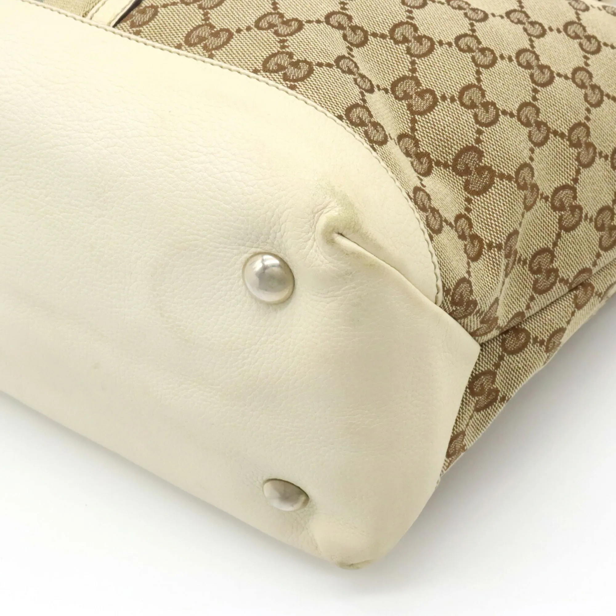GUCCI GG Canvas Striped Tote Bag Shoulder Leather Khaki Beige Light 232973