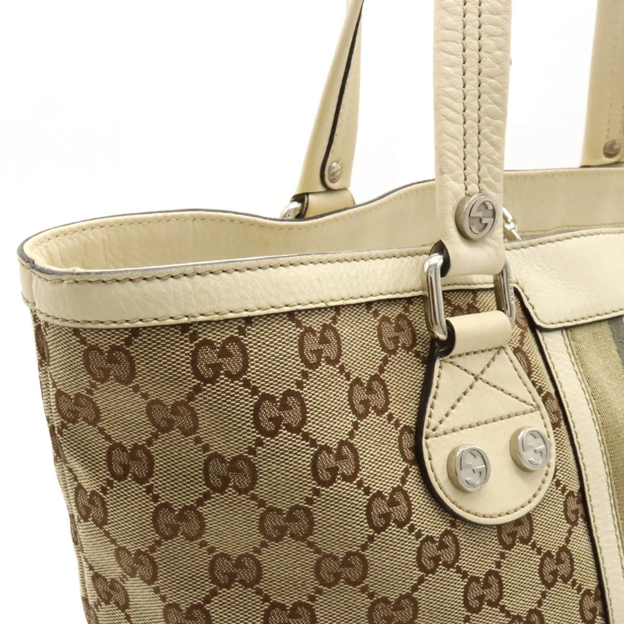 GUCCI GG Canvas Striped Tote Bag Shoulder Leather Khaki Beige Light 232973