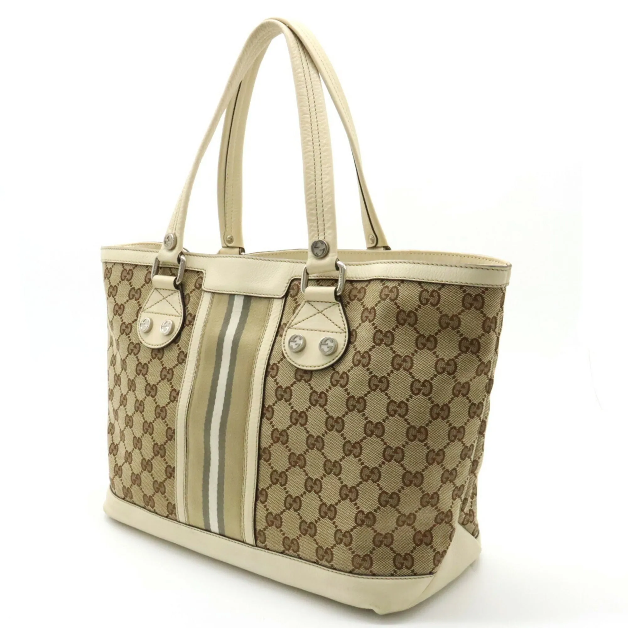 GUCCI GG Canvas Striped Tote Bag Shoulder Leather Khaki Beige Light 232973