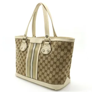 GUCCI GG Canvas Striped Tote Bag Shoulder Leather Khaki Beige Light 232973