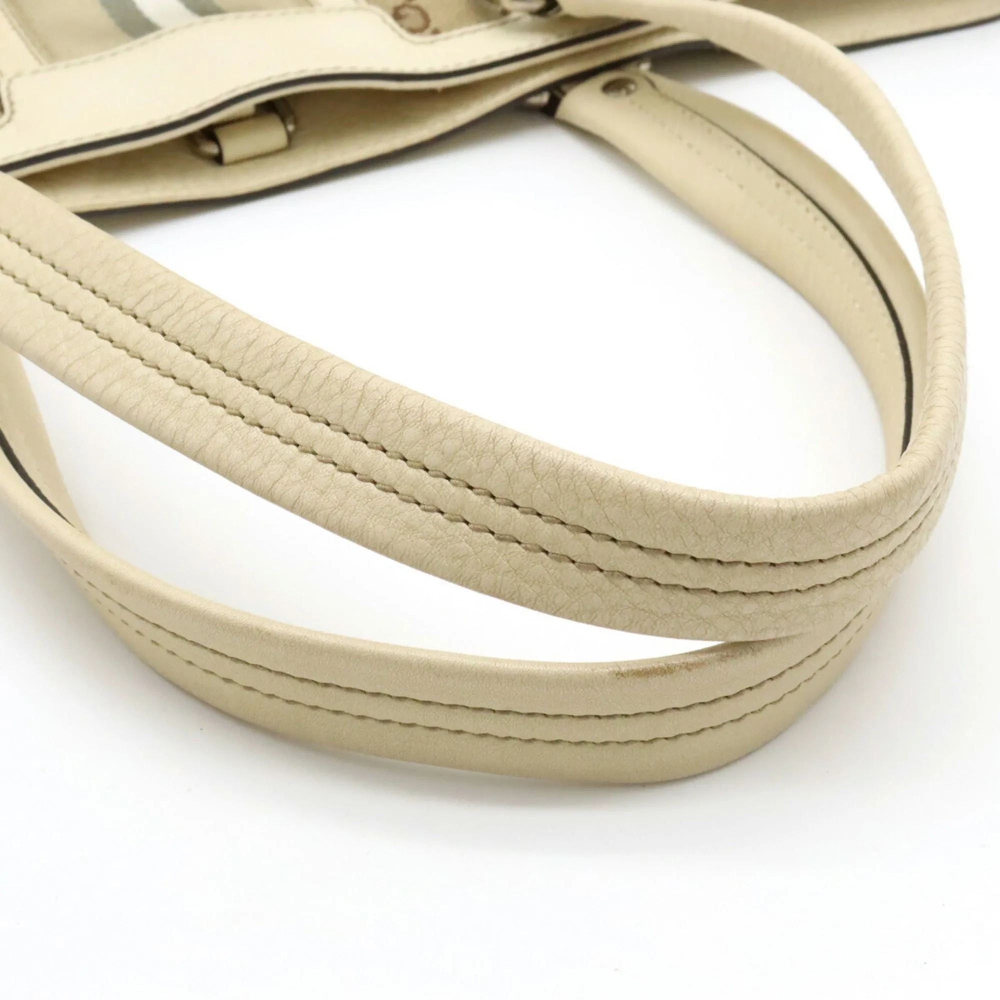 GUCCI GG Canvas Striped Tote Bag Shoulder Leather Khaki Beige Light 232973