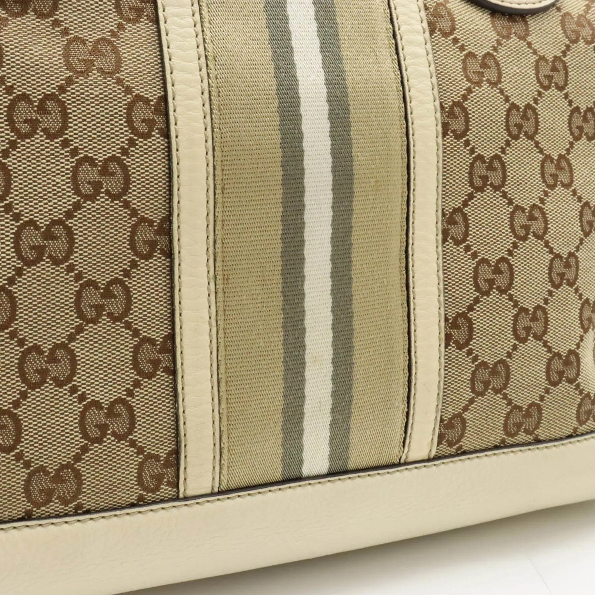 GUCCI GG Canvas Striped Tote Bag Shoulder Leather Khaki Beige Light 232973