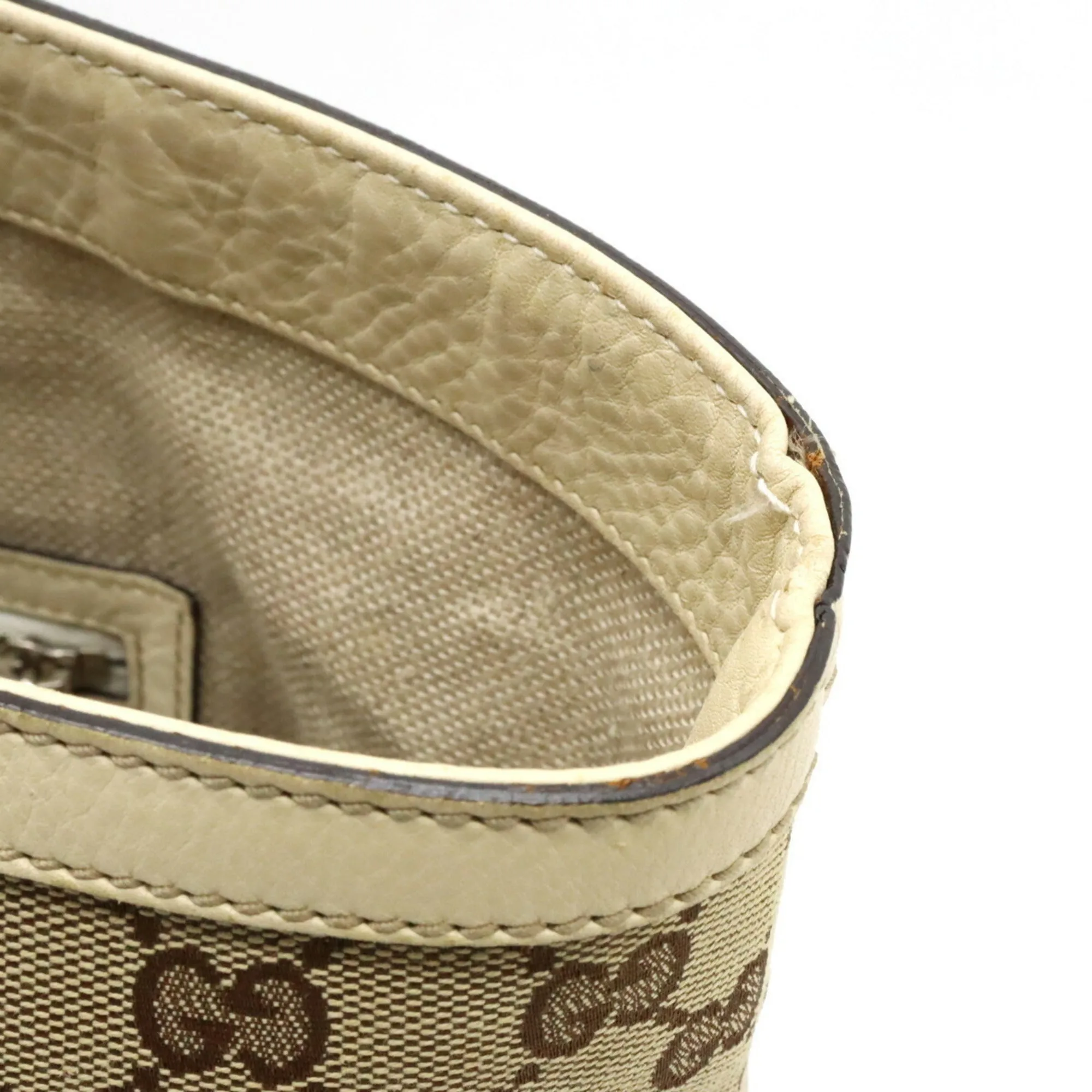 GUCCI GG Canvas Striped Tote Bag Shoulder Leather Khaki Beige Light 232973