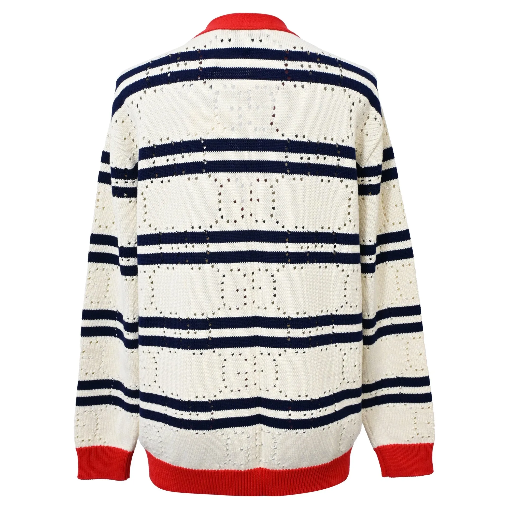 Gucci Love Parade Pointelle-Knit Striped Button-Down Cardigan in Cream Cotton
