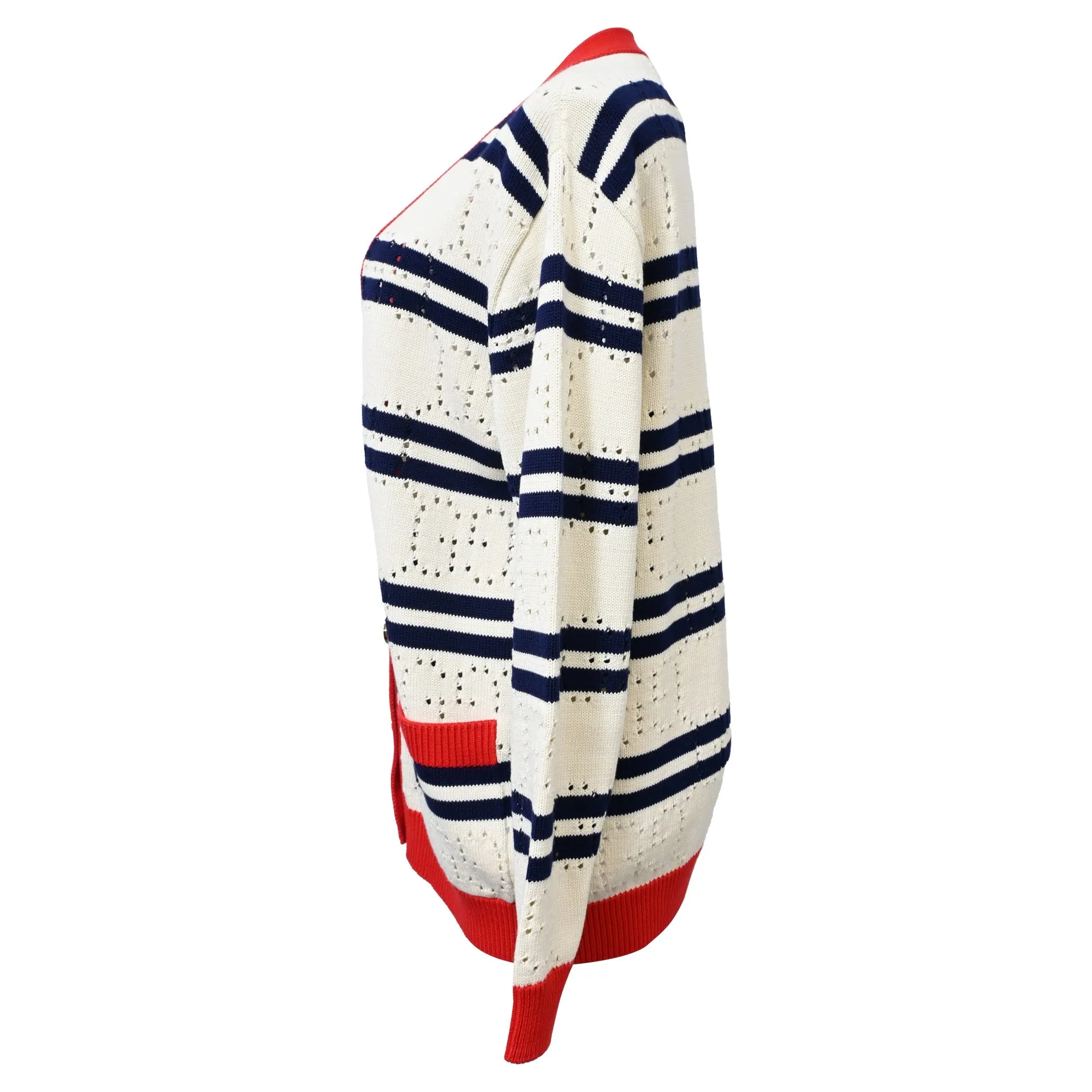 Gucci Love Parade Pointelle-Knit Striped Button-Down Cardigan in Cream Cotton