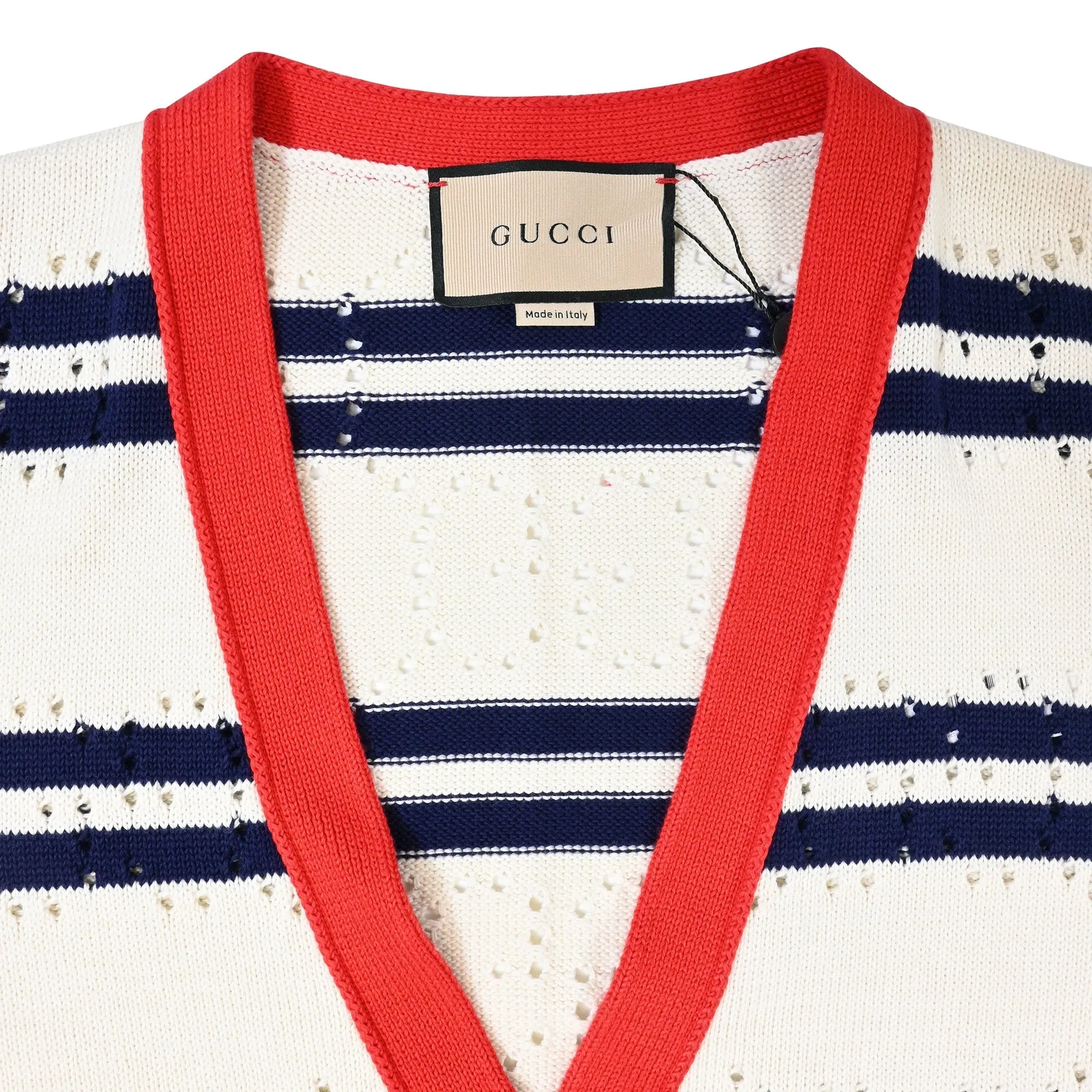 Gucci Love Parade Pointelle-Knit Striped Button-Down Cardigan in Cream Cotton