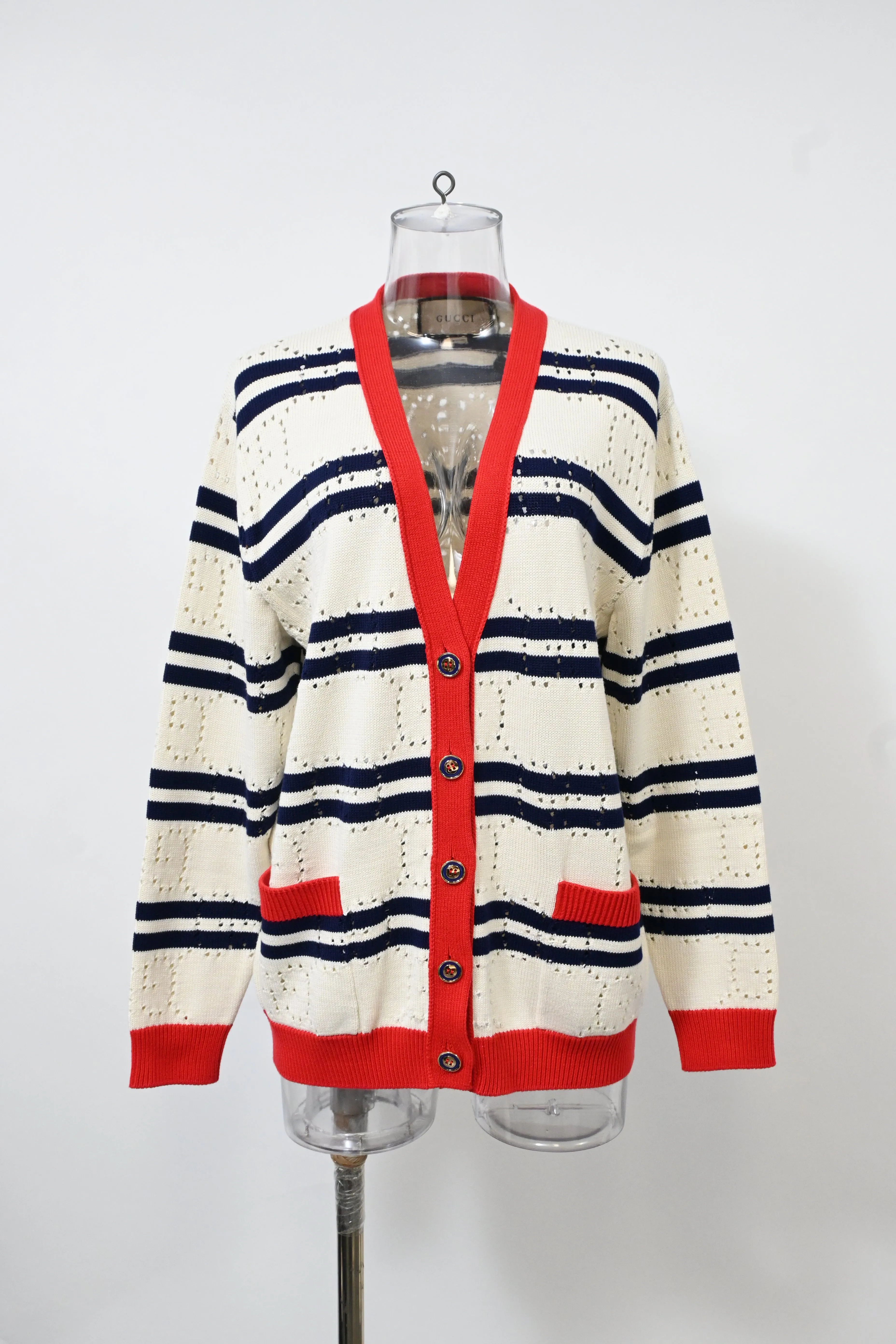 Gucci Love Parade Pointelle-Knit Striped Button-Down Cardigan in Cream Cotton