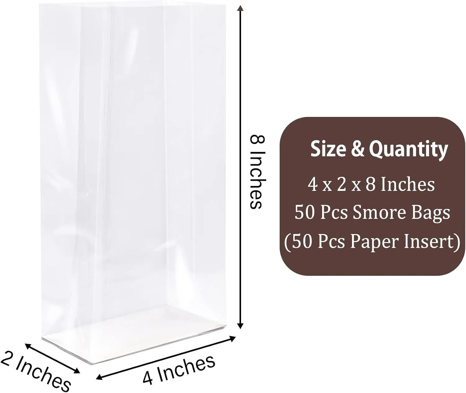 Gusseted Flat Bottom Cellophane Bags with Paper Insert 50Pcs 4x2x8 Inches Smore Bags