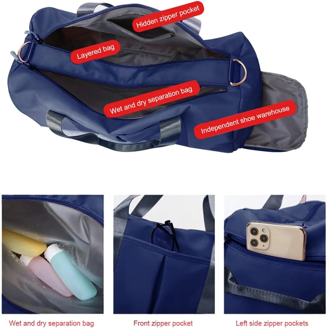Gym Bag Wet and Dry Sport Bags with Shoe Compartment Travel Bag Waterproof Cute Gym Bag for Women and Men Training Tote Yoga Bag(Dark Blue)
