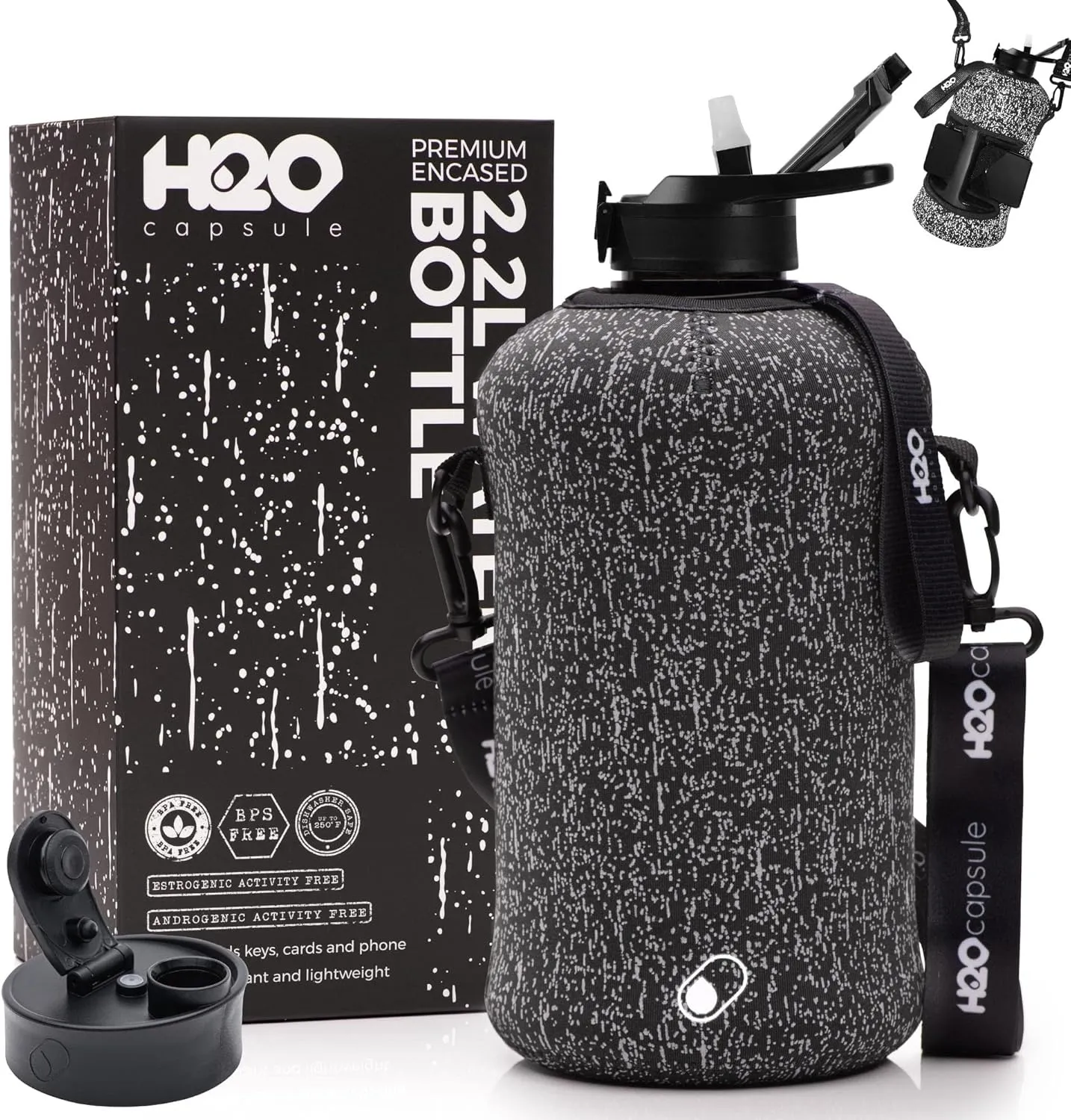 H2O Capsule 2.2L Half Gallon Water Bottle with Storage Sleeve and Covered Straw Lid – BPA Free Large Reusable Drink Container with Handle - Big Sports Jug, 2.2 Liter (74 Ounce)