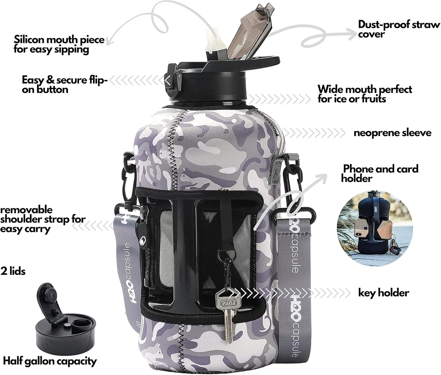 H2O Capsule 2.2L Half Gallon Water Bottle with Storage Sleeve and Covered Straw Lid – BPA Free Large Reusable Drink Container with Handle - Big Sports Jug, 2.2 Liter (74 Ounce)