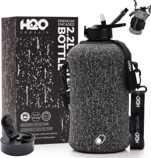 H2O Capsule 2.2L Half Gallon Water Bottle with Storage Sleeve and Covered Straw Lid – BPA Free Large Reusable Drink Container with Handle - Big Sports Jug, 2.2 Liter (74 Ounce)