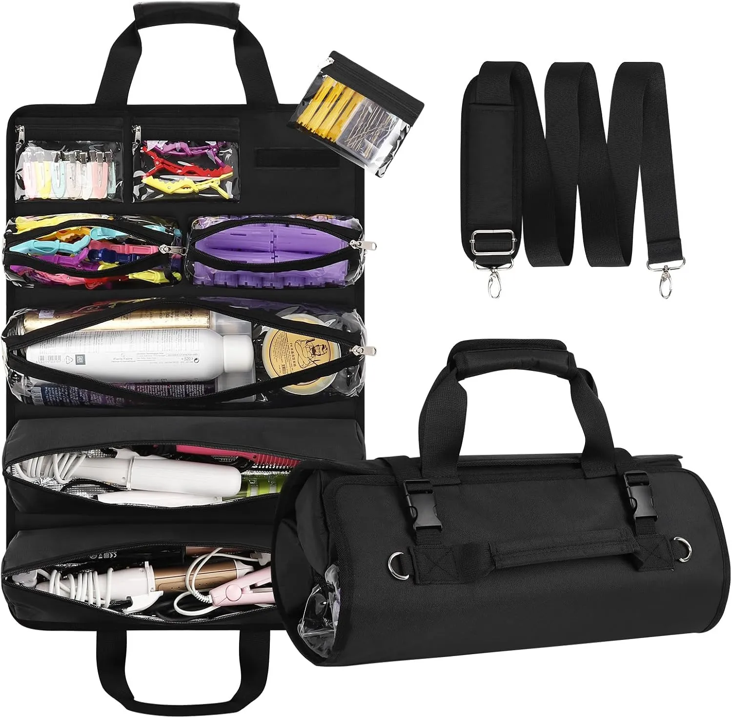 Hair Tools Travel Bag, Roll Up Tool Bag Organizer for Hair Stuff, Hairstylist Traveling Bag with 8 Detachable Zipper Pouch, Professional Cosmetology Bag for Hairdresser Barber, Heat Resistant Lining