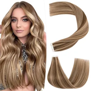 Hairro Glue In Hair Extensions Human Hair Tape In Real Human Hair Skin Weft Double Sided Tape Balayge Highlight Blonde Tape On Hair Extensions 14 inch 40g 20pcs #4P27 Medium Brown & Dark Blonde