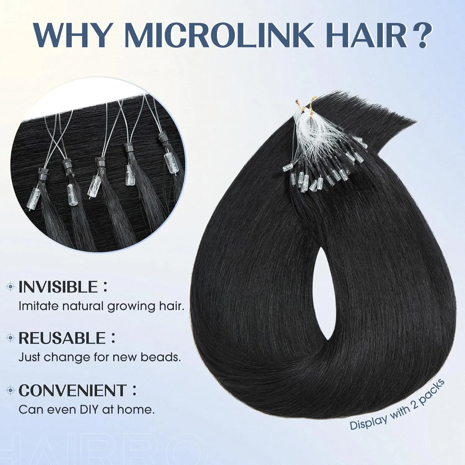 Hairro Microlink Hair Extensions Human Hair Micro Loop Bead In Hair Micro Ring I Tip Pre Bonded Cold Fusion Keratin Glue Stick Remy Itip Hair For Women 16 Inch 50g 50 Strands #01 Dark Black