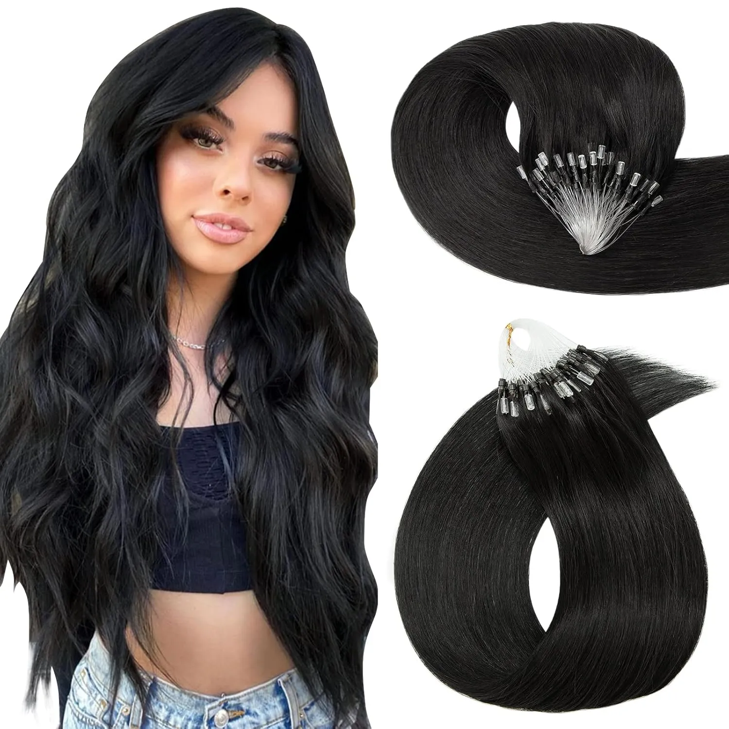 Hairro Microlink Hair Extensions Human Hairo Micro Loop Microbeaded Hair Microlinks Pre Bonded Cold Fusion I Tip Hair For Women 14 inch 50g 100 Strands #01 Dark Black