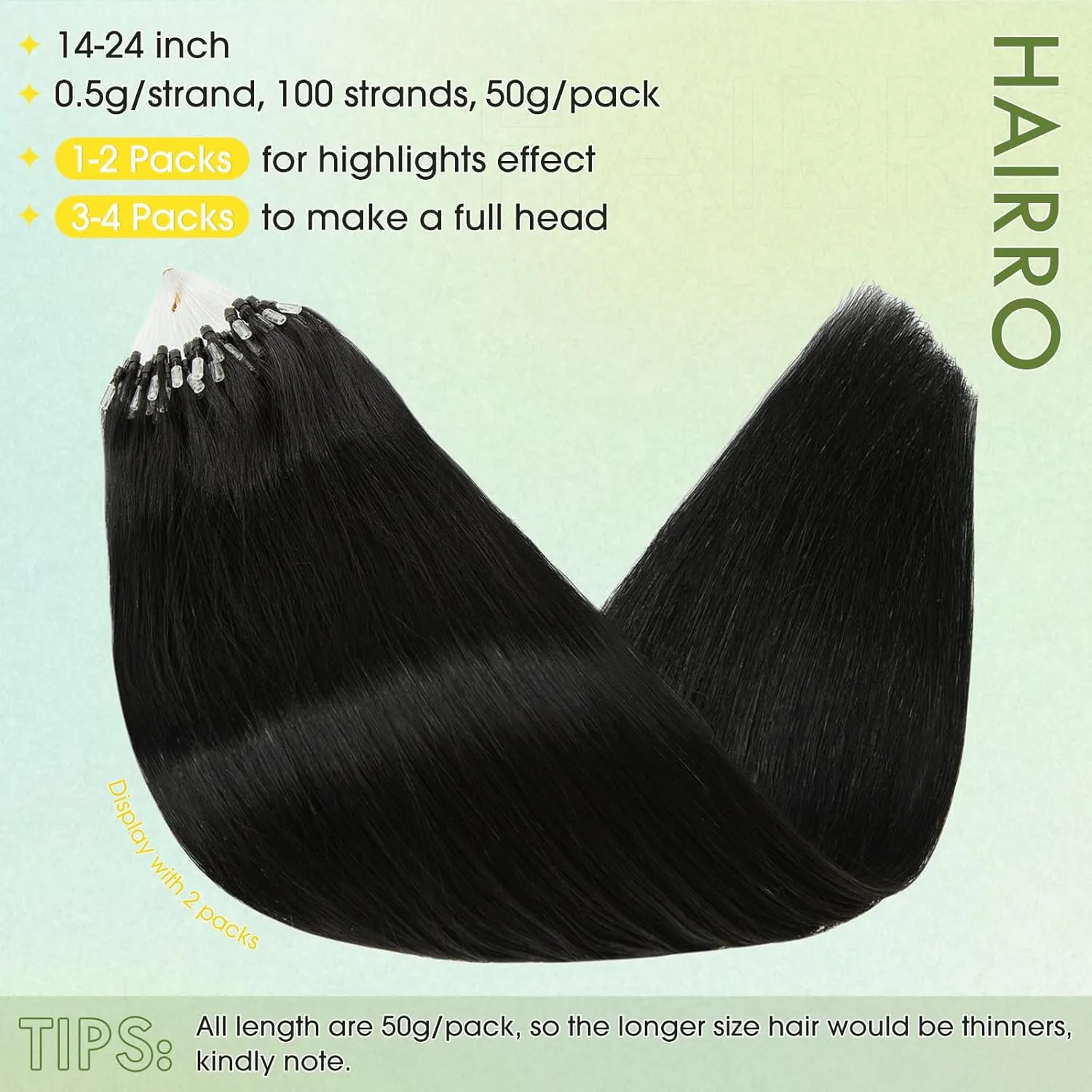 Hairro Microlink Hair Extensions Human Hairo Micro Loop Microbeaded Hair Microlinks Pre Bonded Cold Fusion I Tip Hair For Women 14 inch 50g 100 Strands #01 Dark Black