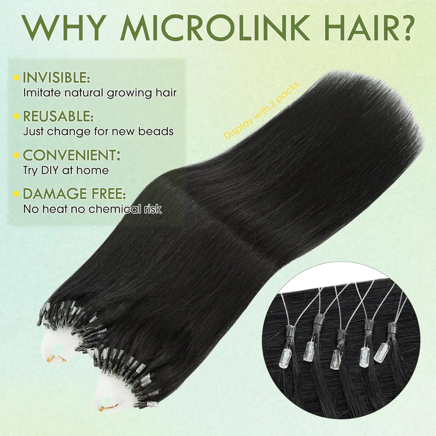 Hairro Microlink Hair Extensions Human Hairo Micro Loop Microbeaded Hair Microlinks Pre Bonded Cold Fusion I Tip Hair For Women 14 inch 50g 100 Strands #01 Dark Black