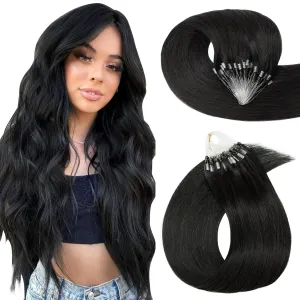 Hairro Microlink Hair Extensions Human Hairo Micro Loop Microbeaded Hair Microlinks Pre Bonded Cold Fusion I Tip Hair For Women 14 inch 50g 100 Strands #01 Dark Black