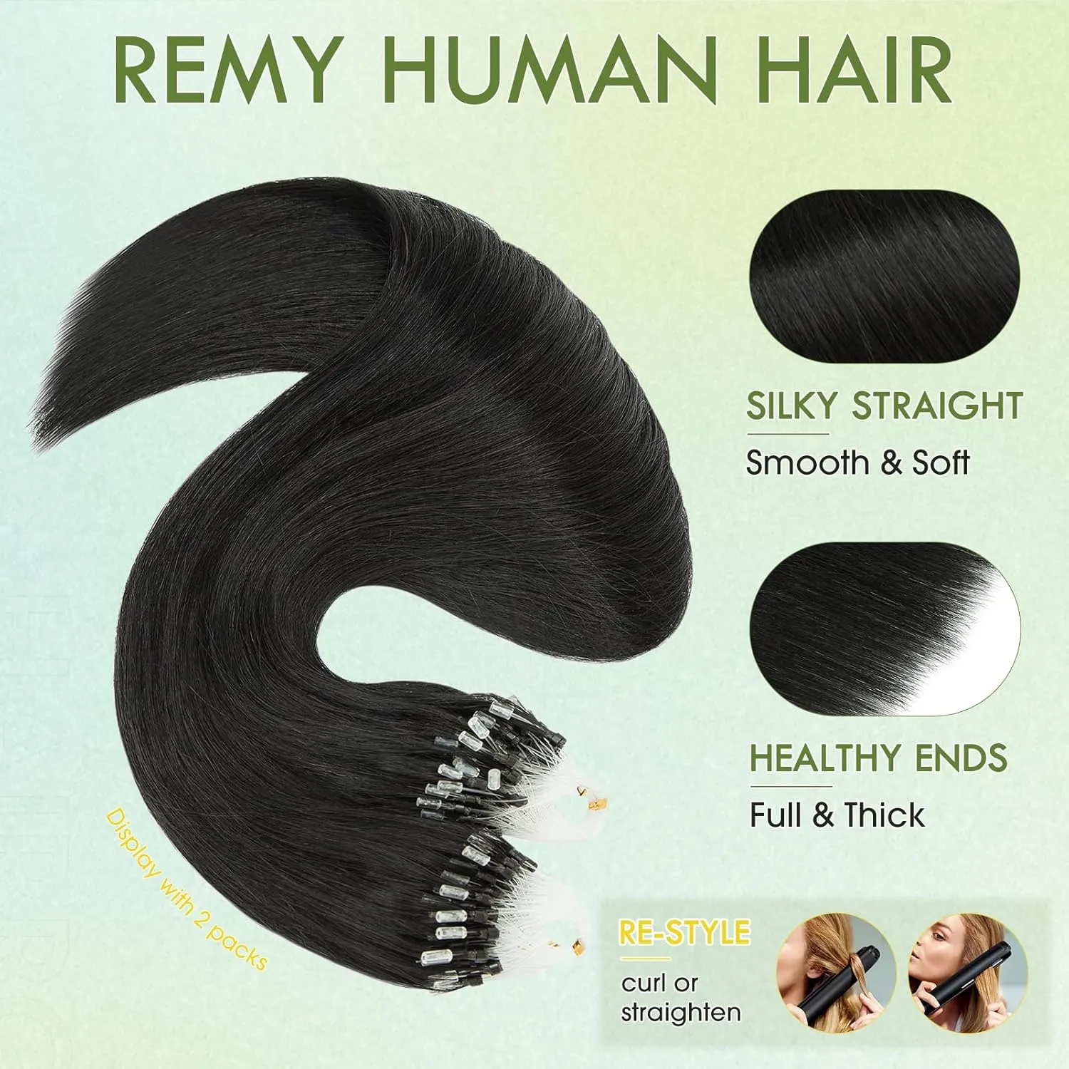 Hairro Microlink Hair Extensions Human Hairo Micro Loop Microbeaded Hair Microlinks Pre Bonded Cold Fusion I Tip Hair For Women 14 inch 50g 100 Strands #01 Dark Black