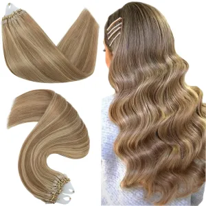 Hairro Microlinks Hair Extensions Highlighted Balayage Micro Bead Ring Loop Tipped Hair Straight Real Human Hair For Women 16 inch 50g 50 Strands #12P613 Golden Brown Mix Bleach Blonde