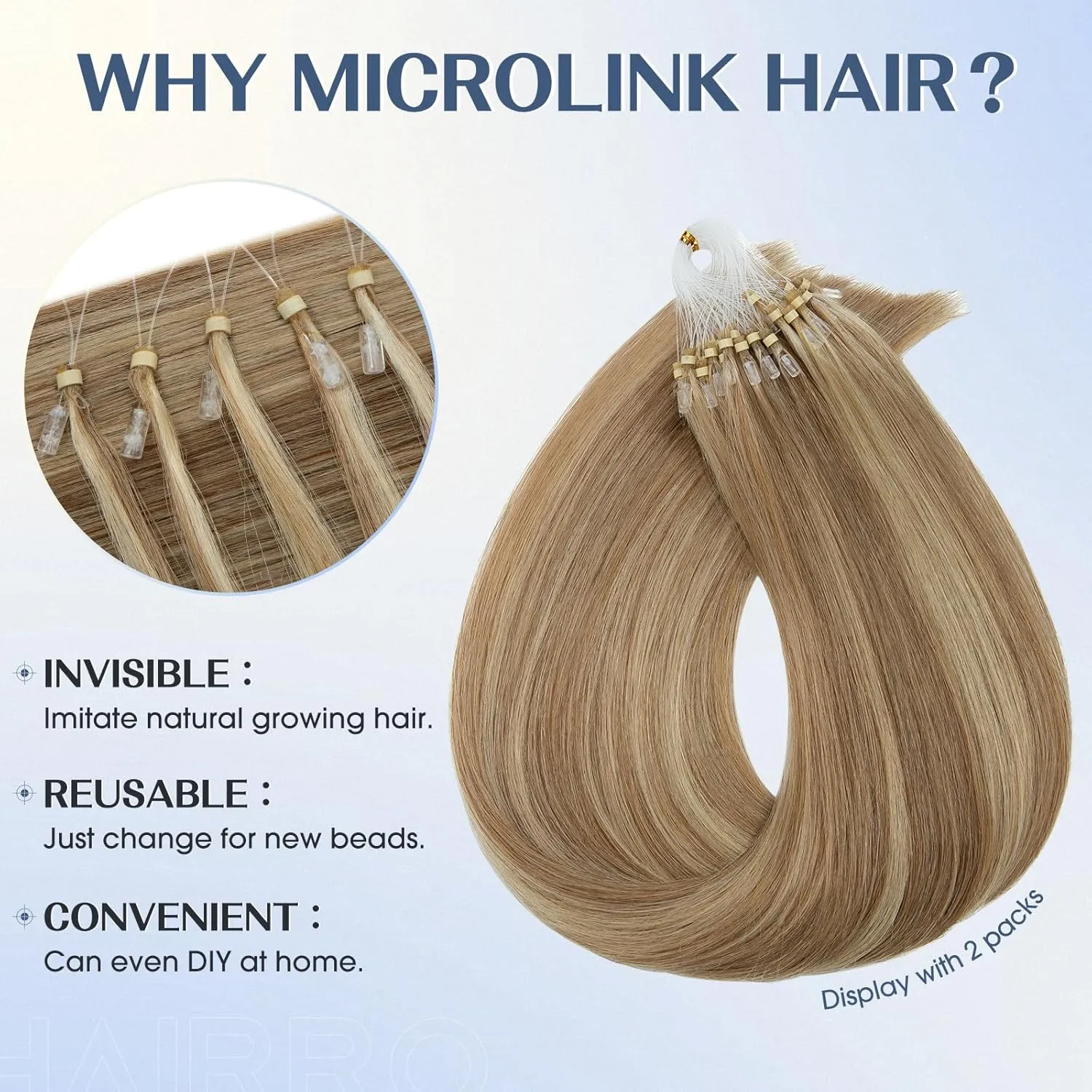 Hairro Microlinks Hair Extensions Highlighted Balayage Micro Bead Ring Loop Tipped Hair Straight Real Human Hair For Women 16 inch 50g 50 Strands #12P613 Golden Brown Mix Bleach Blonde