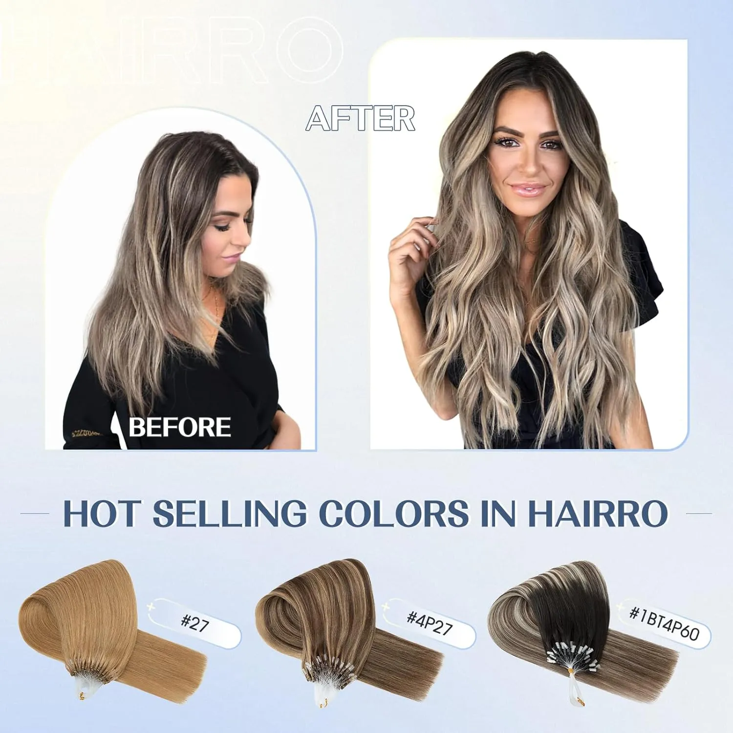 Hairro Microlinks Hair Extensions Highlighted Balayage Micro Bead Ring Loop Tipped Hair Straight Real Human Hair For Women 16 inch 50g 50 Strands #18P613 Ash Blonde Mix Bleach Blonde