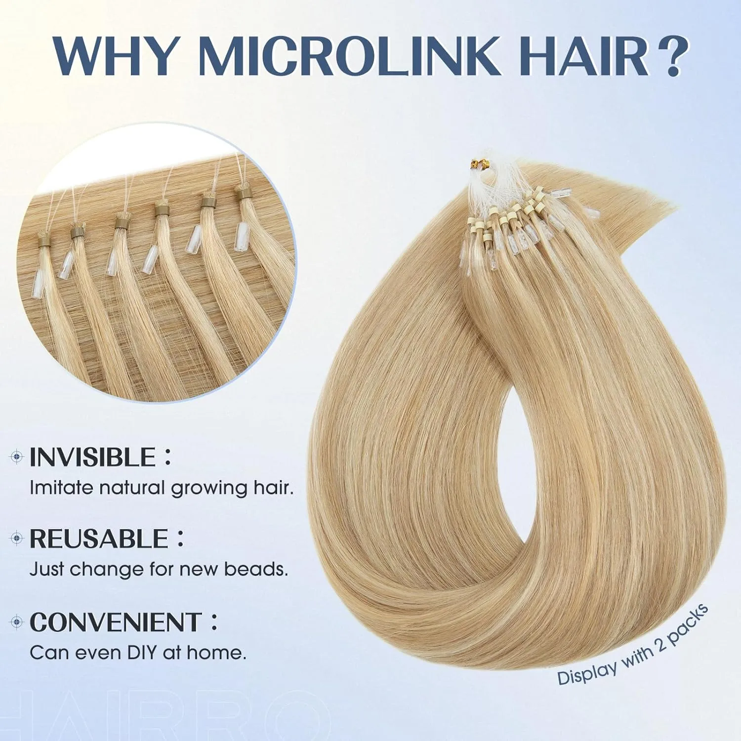 Hairro Microlinks Hair Extensions Highlighted Balayage Micro Bead Ring Loop Tipped Hair Straight Real Human Hair For Women 16 inch 50g 50 Strands #18P613 Ash Blonde Mix Bleach Blonde