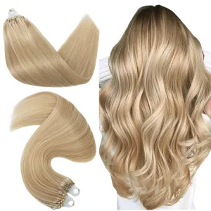Hairro Microlinks Hair Extensions Highlighted Balayage Micro Bead Ring Loop Tipped Hair Straight Real Human Hair For Women 16 inch 50g 50 Strands #18P613 Ash Blonde Mix Bleach Blonde