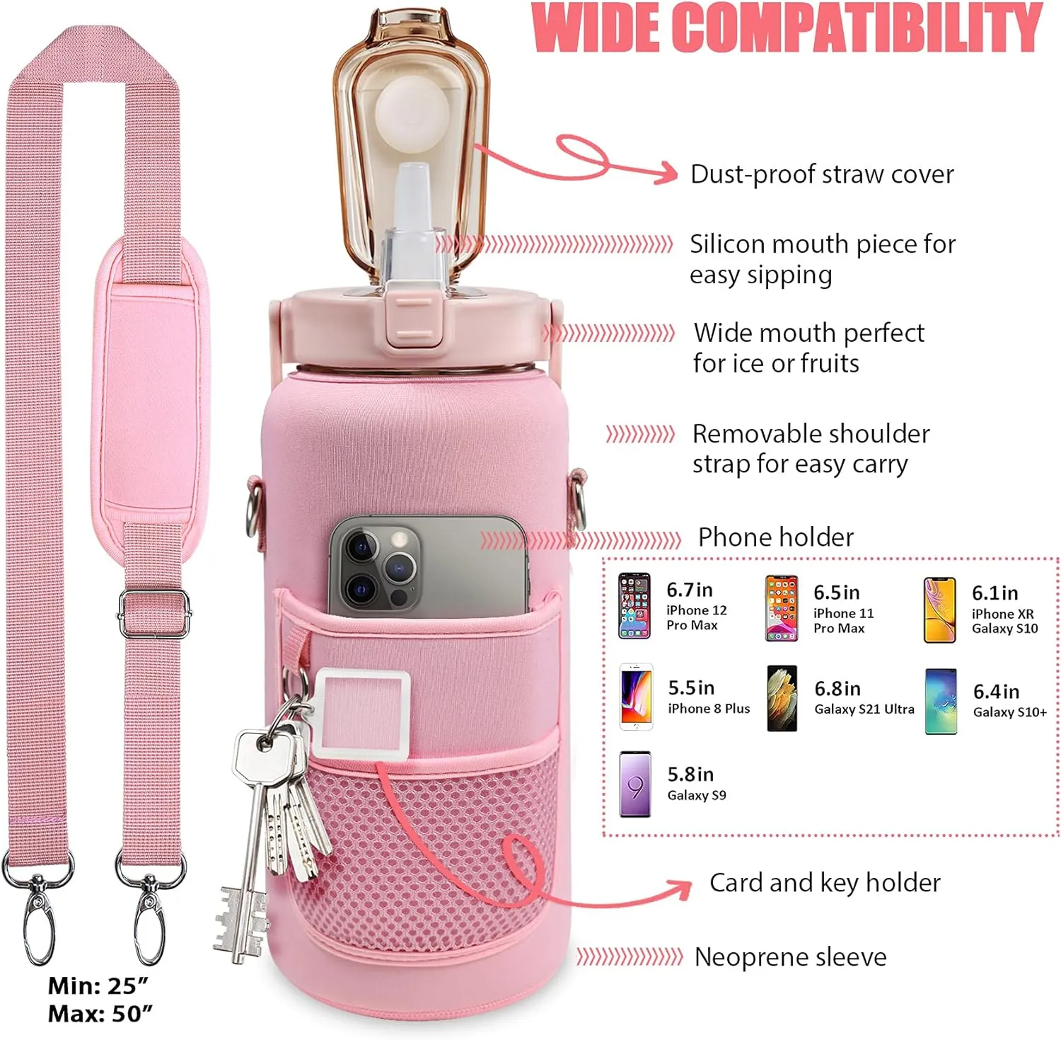 Half Gallon Water Bottle with Sleeve, 64OZ Motivational Water Bottle with Straw & Time Marker, BPA Free Leakproof Gym for Sport Workout