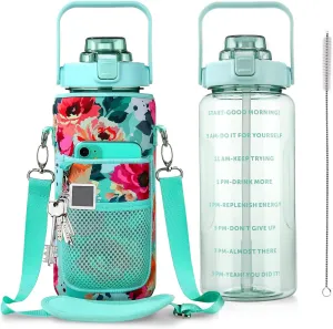 Half Gallon Water Bottle with Sleeve, 64OZ Motivational Water Bottle with Straw & Time Marker, BPA Free Leakproof Large Sports Water Bottle, Reusable Water Jug for Workout Gym Sport
