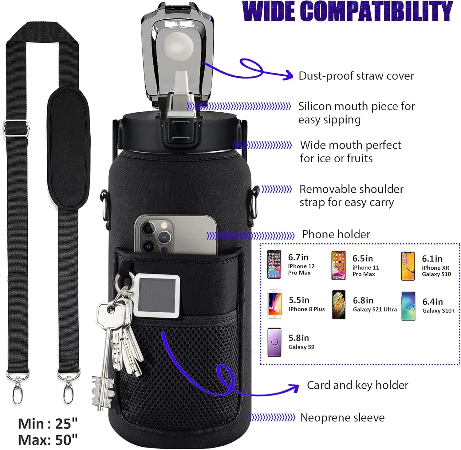 Half Gallon Water Bottle with Sleeve, 64OZ Motivational Water Bottle with Straw & Time Marker, BPA Free Leakproof Large Sports Water Bottle, Reusable Water Jug for Workout Gym Sport