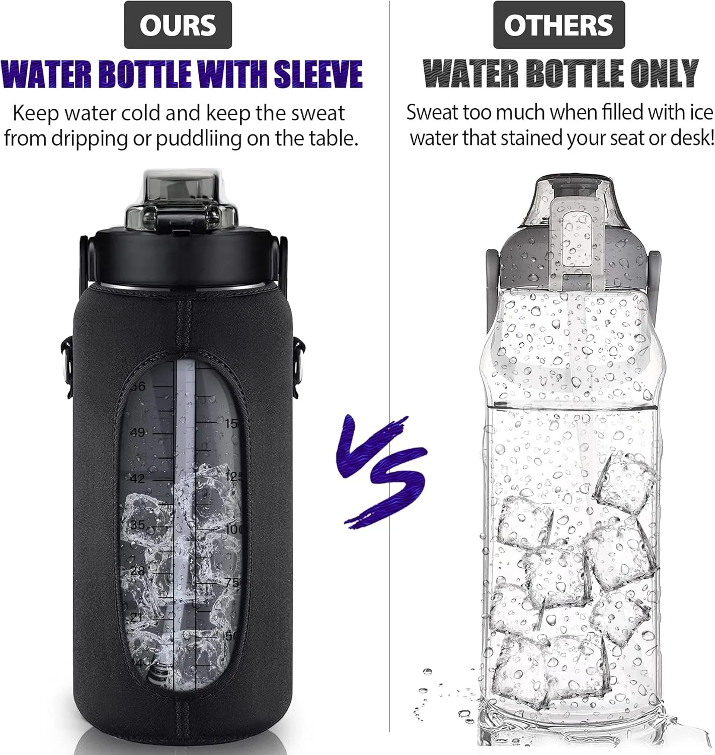 Half Gallon Water Bottle with Sleeve, 64OZ Motivational Water Bottle with Straw & Time Marker, BPA Free Leakproof Large Sports Water Bottle, Reusable Water Jug for Workout Gym Sport