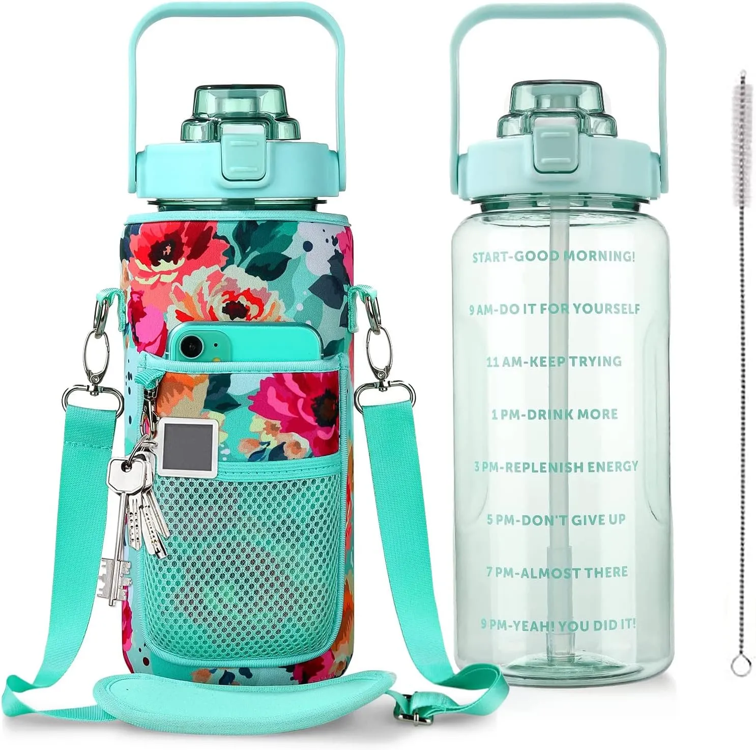 Half Gallon Water Bottle with Sleeve, 64OZ Motivational Water Bottle with Straw & Time Marker, BPA Free Leakproof Large Sports Water Bottle, Reusable Water Jug for Workout Gym Sport