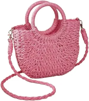 Half-Round Rattan Beach Bag Women Large Capacity Handle Bag Summer Beach Bags Travel Weave Handle Bag Shoulder Bag(Pink)