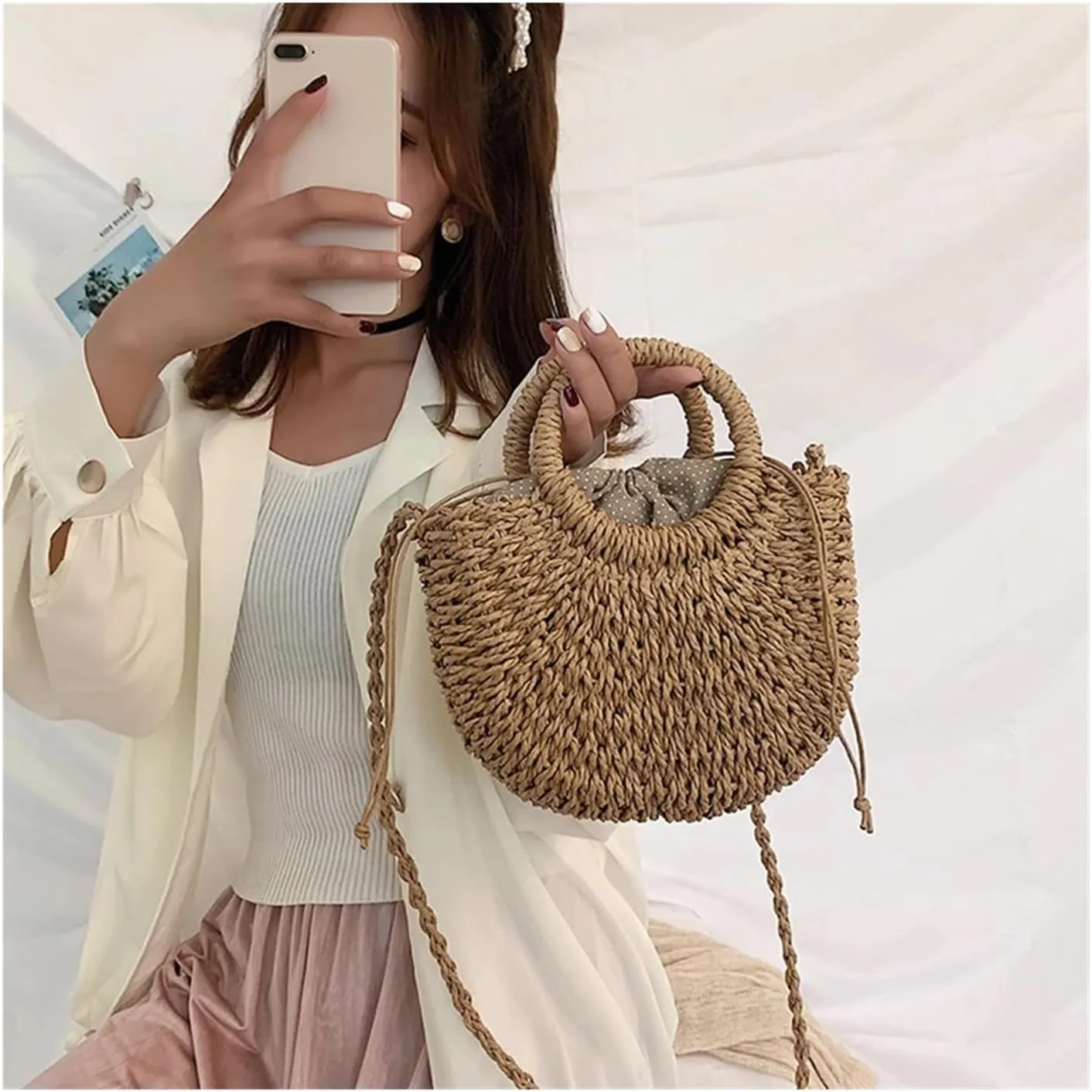 Half-Round Rattan Beach Bag Women Large Capacity Handle Bag Summer Beach Bags Travel Weave Handle Bag Shoulder Bag(Pink)