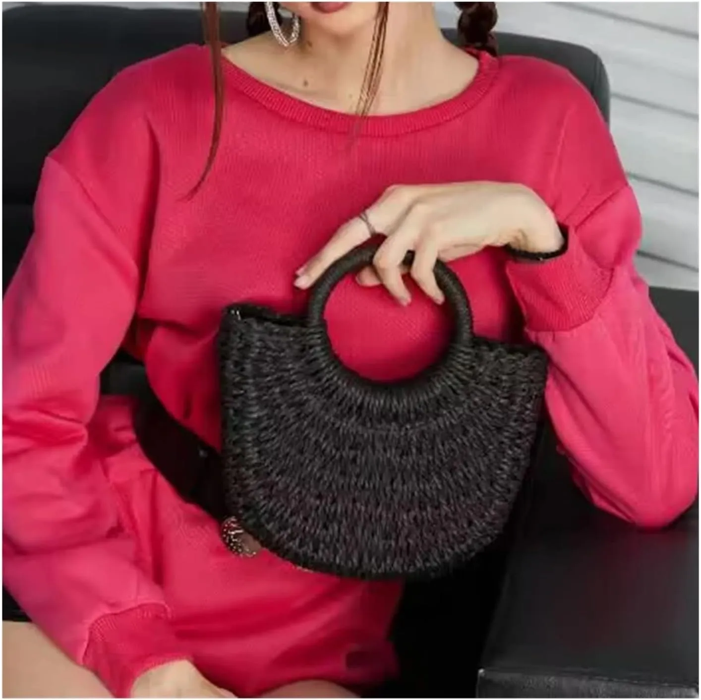 Half-Round Rattan Beach Bag Women Large Capacity Handle Bag Summer Beach Bags Travel Weave Handle Bag Shoulder Bag(Pink)