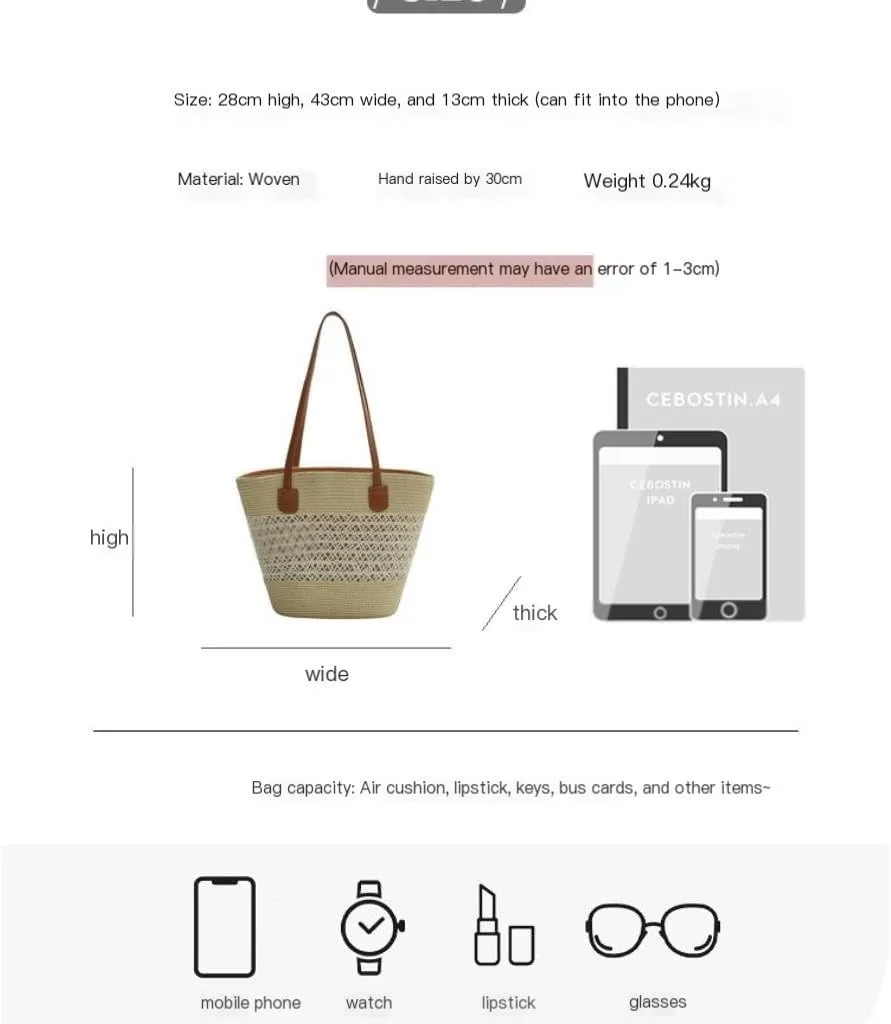Handbag Pastoral Style Grass Woven Bag Women's Summer One-Shoulder Basket Bag Beach Tote Straw Bags Handbag