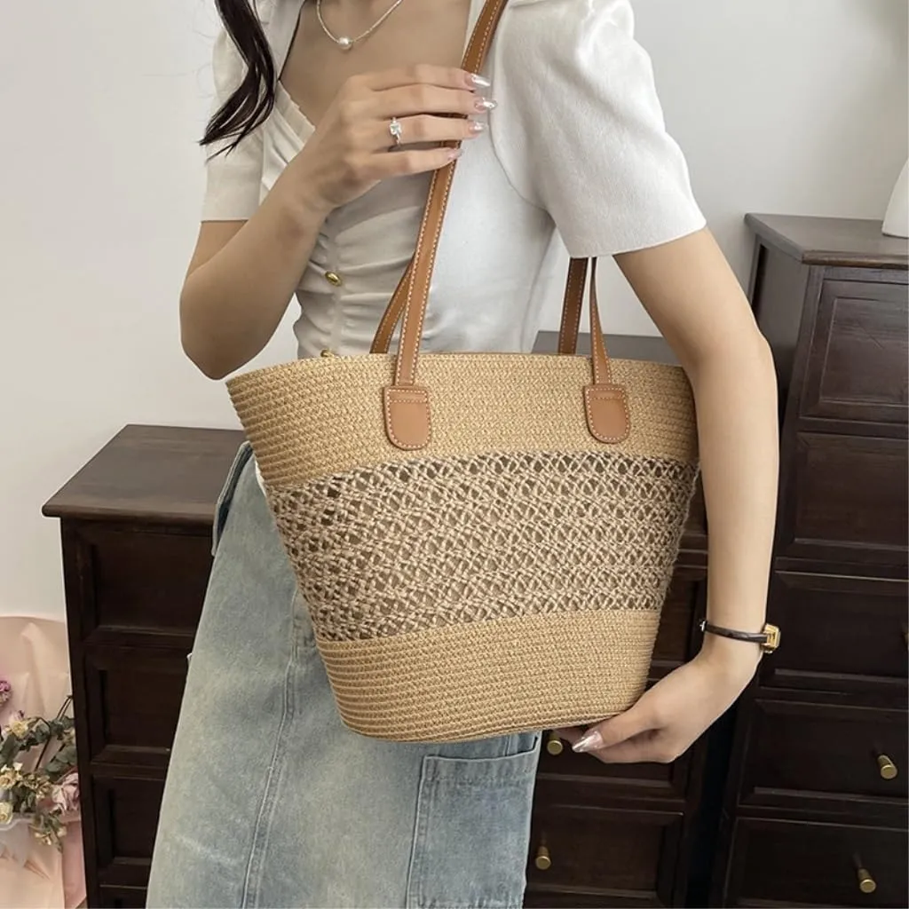 Handbag Pastoral Style Grass Woven Bag Women's Summer One-Shoulder Basket Bag Beach Tote Straw Bags Handbag