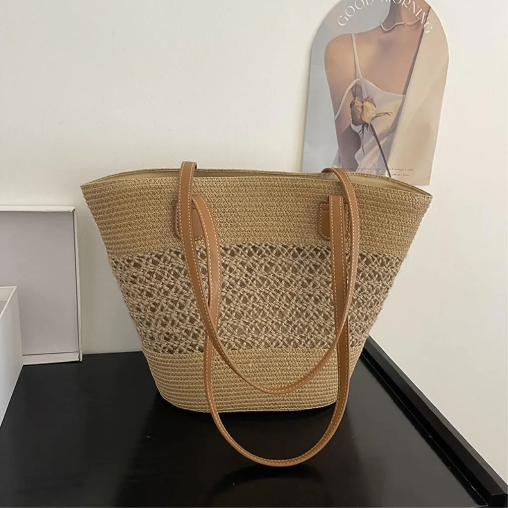Handbag Pastoral Style Grass Woven Bag Women's Summer One-Shoulder Basket Bag Beach Tote Straw Bags Handbag