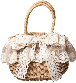 Handmade Straw Tote with Lace Artificial Flowers Rustic Lolita Beach Bag Retro Aesthetic Handbag for Summer Picnic