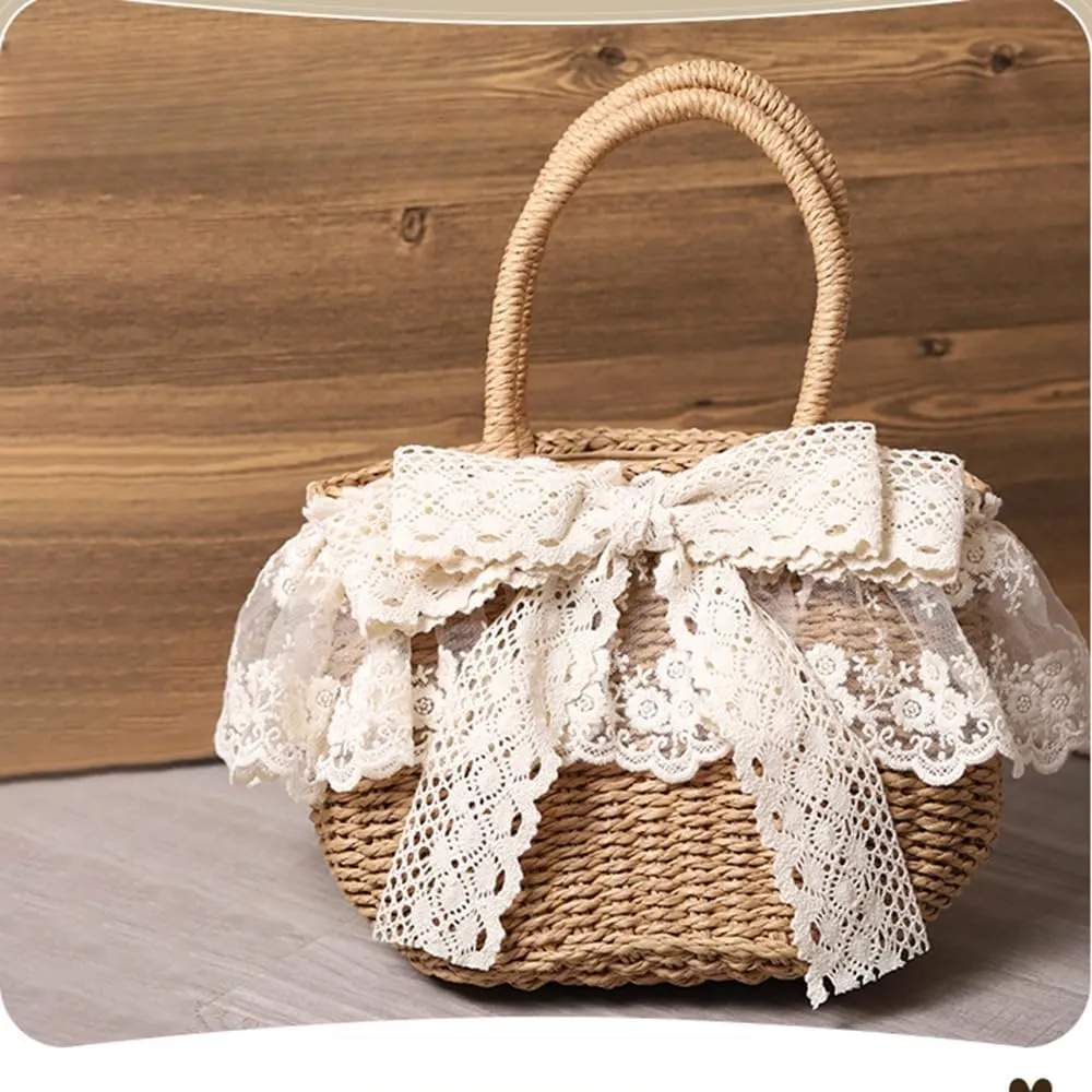 Handmade Straw Tote with Lace Artificial Flowers Rustic Lolita Beach Bag Retro Aesthetic Handbag for Summer Picnic