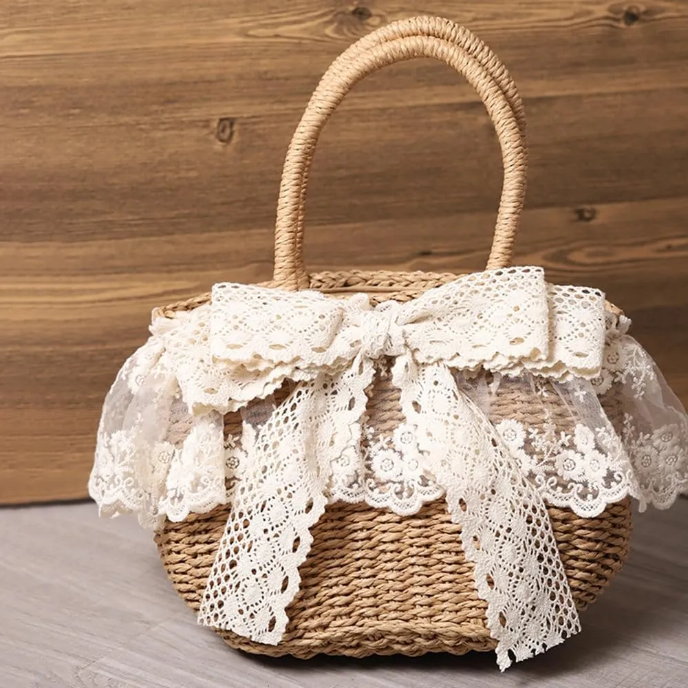Handmade Straw Tote with Lace Artificial Flowers Rustic Lolita Beach Bag Retro Aesthetic Handbag for Summer Picnic