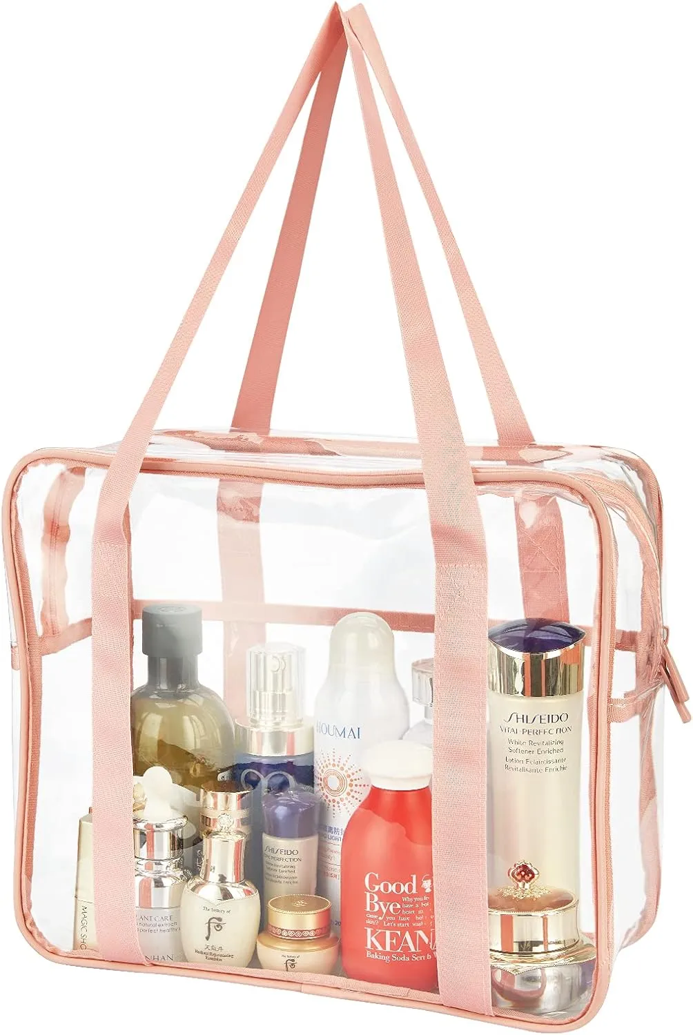 HAOGUAGUA Extra Large Clear Cosmetic Makeup Bag, Transparent PVC Tote Shoulder Bag Stadium Approved, Waterproof Clear Toiletry Carry Pouch Makeup Artist Bag Diaper Bag (Pink)